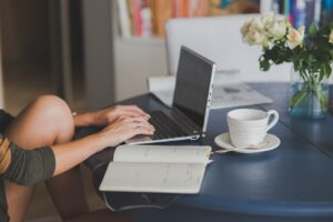 hybrid learning online. Woman studying at her own pace. 